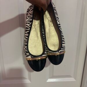 Naturalizer Black and White Zebra-Print Ballet Flats with Gold Trim